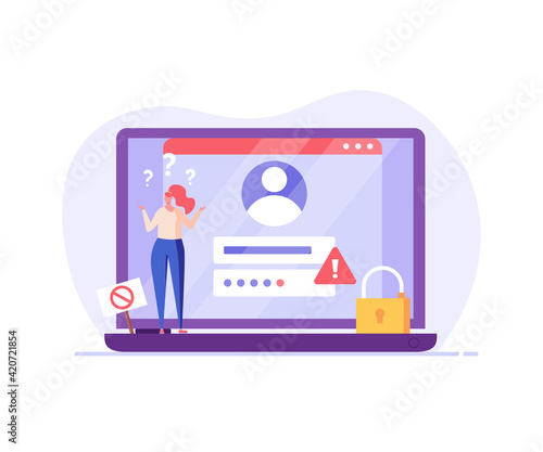 Woman forgot the password. Concept of forgotten password, key, account access, blocked access, protection, account security. Vector illustration in flat design for web page, landing, web banner