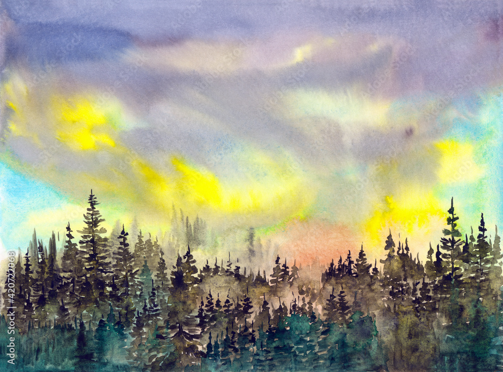 Watercolor illustration of green coniferous forest with fir and pine trees under stormy sunset sky 