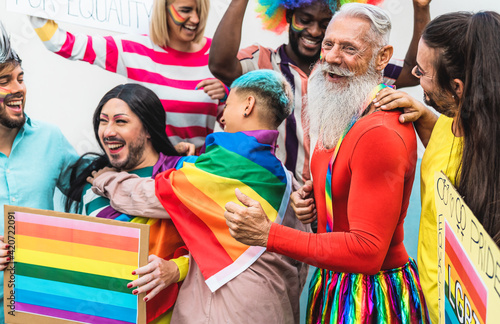 Photos Happy Multiracial people celebrating gay pride event - Group of friends with dif