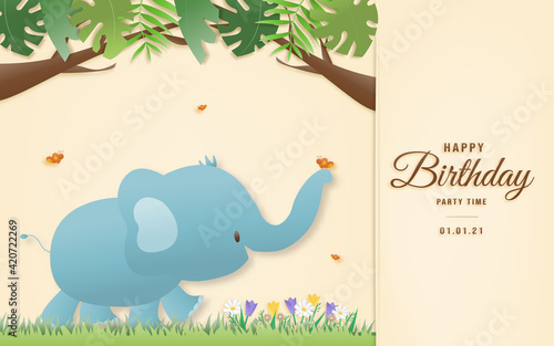 Cartoon happy birthday animals card. Greeting cards with cute safari or jungle animals elephant party in the tropical forest. Template invitation paper art style vector illustration.	