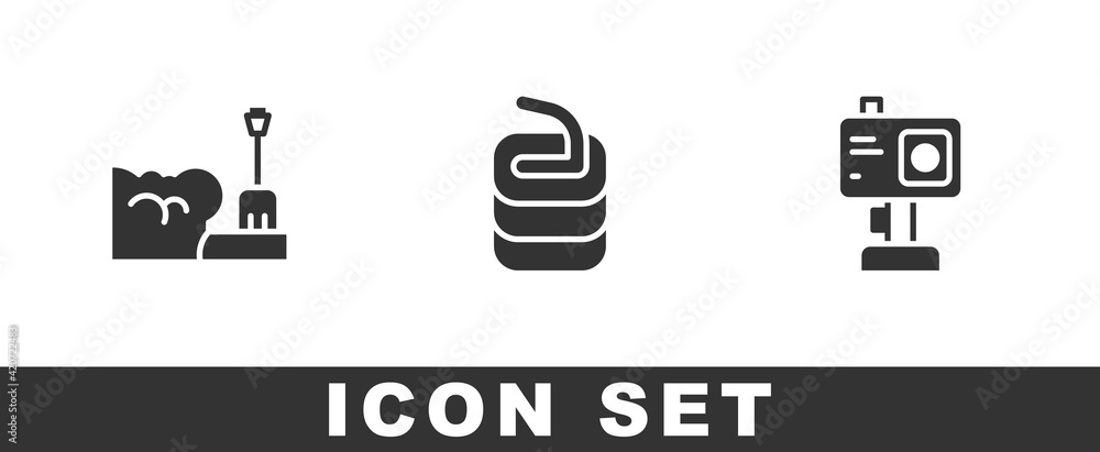 Set Shovel in snowdrift, Stone for curling and Action camera icon. Vector Set Shovel in snowdrift, Stone for curling and Action camera icon. Vector