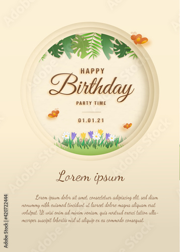 Happy birthday paper cut style greeting card with text birthday, a decorated leaves in the forest. Minimal background. There is a space for the text. Vector illustration with lace.	

