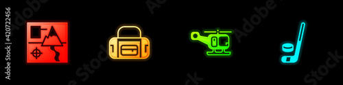 Set Folded map, Sport bag, Rescue helicopter and Ice hockey stick and puck icon. Vector