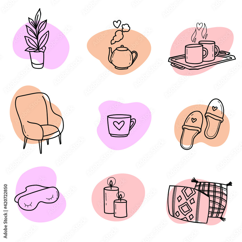  
home icon doodle hygge set on the white background