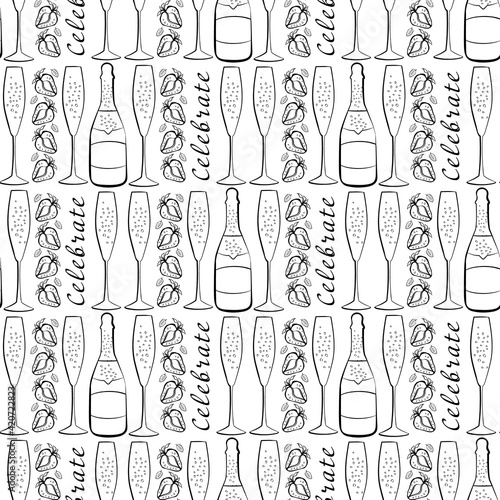 Champagne and strawberry celebrate text vector seamless pattern background. Script lettering, fizzing glasses,bottles strawberries black white backdrop. Hand drawn line art sparkling party repeat.