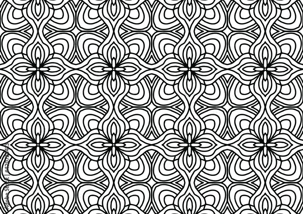 pattern tile drawn with abstract flowers in folk style on a white background for coloring, vector
