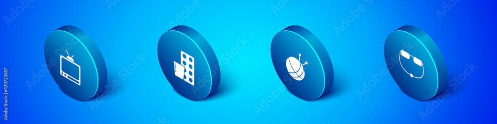 Set Isometric Retro tv, Yarn ball with knitting needles, Eyeglasses and Pills blister pack icon. Vector Set Isometric Retro tv, Yarn ball with knitting needles, Eyeglasses and Pills blister pack icon. Vector