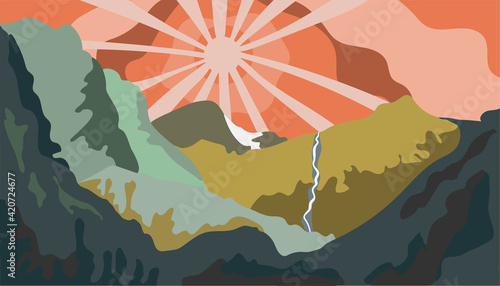Abstract mountain landscape, flat design with a retro feel, vector illustration