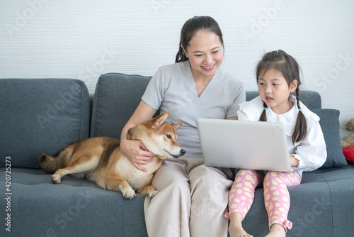A mother and daughter use a computer tablet on the sofa with the Shiba Inu on the sofa in living room.