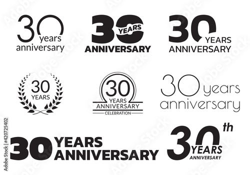 30 years anniversary icon or logo set. 30th birthday celebration badge or label for invitation card, jubilee design. Vector illustration.