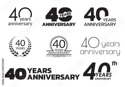 40 years anniversary icon or logo set. 40th birthday celebration badge or label for invitation card, jubilee design. Vector illustration.