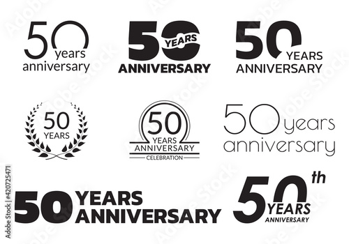 50 years anniversary icon or logo set. 50th birthday celebration badge or label for invitation card, jubilee design. Vector illustration.