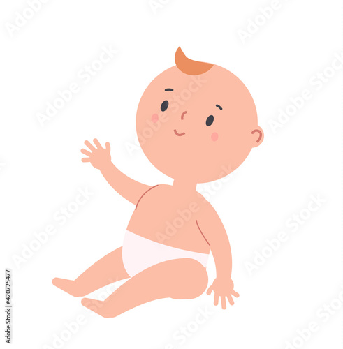 Happy baby. Child in diaper. Sweet Little kid. Playful toddler
