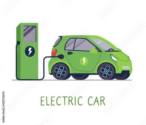 The electric vehicle charges the battery using a charging station. Clean alternative energy friendly to the environment. Vector illustration in a flat style on a white background