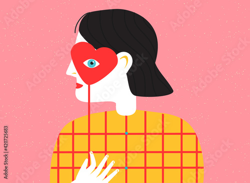 Person with heart mask on face. Love feeling. Mental health concept. Abstract vector illustration for people mood and states of mind