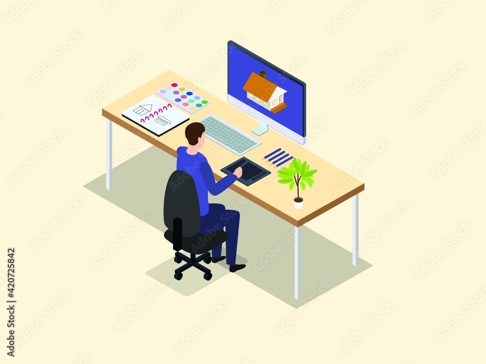 Architect working on a new house design 3d isometric vector concept Architect working on a new house design 3d isometric vector concept