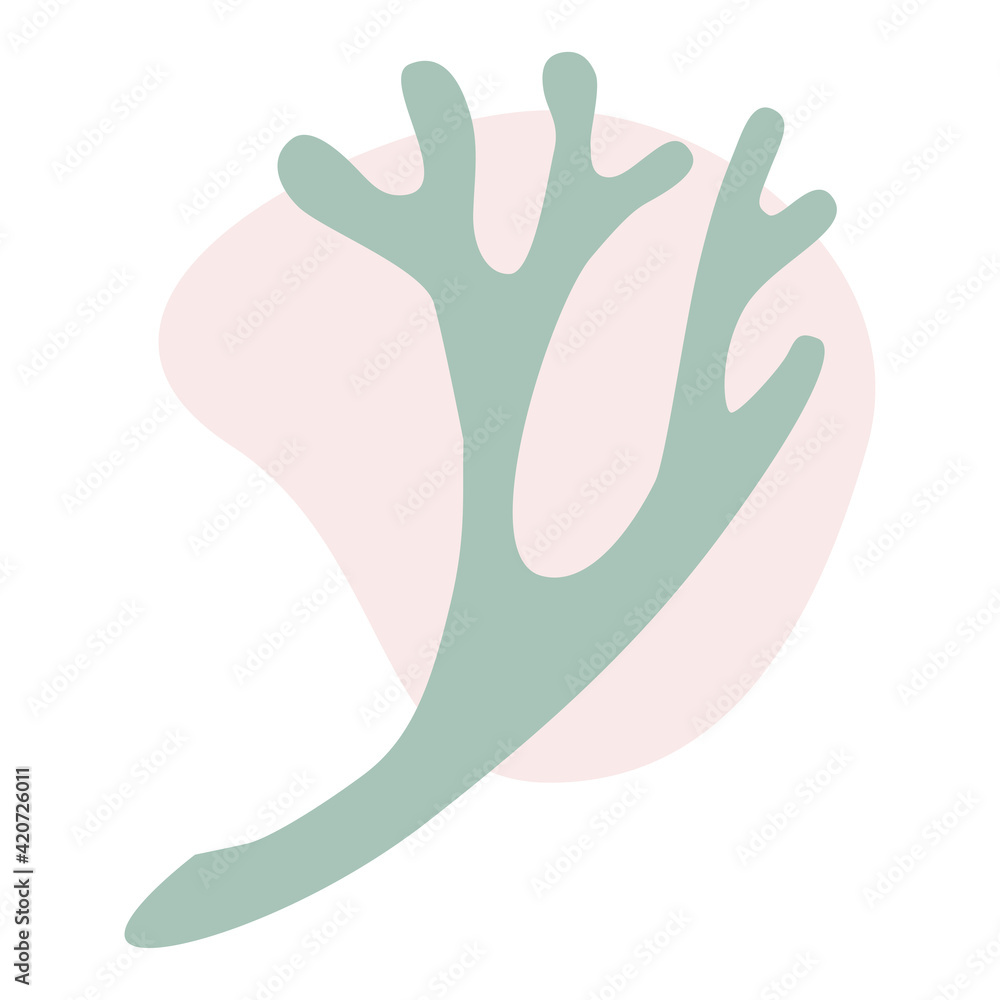 Obraz premium Curved graceful twig of lichen, deer moss with a pink abstract spot on a white background