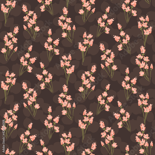 A handful of pretty hand-painted flowers in pink and green over rock-shaped color blocks in brown. Floral seamless vector pattern.  Great for home décor, fabric, wallpaper, gift-wrap, stationery, etc.