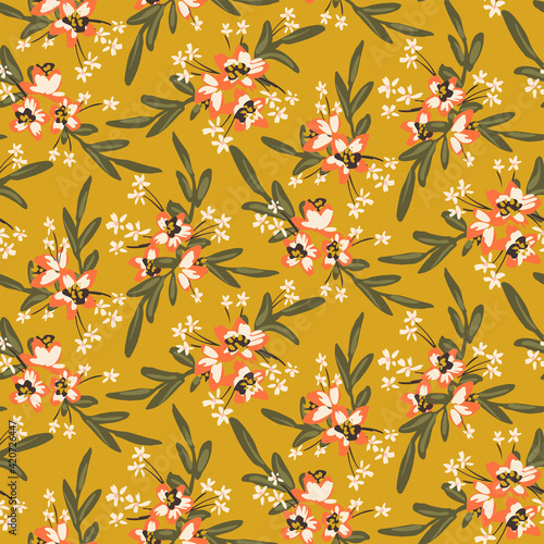 Lovely orange flowers with white details and  green leaves on Fortuna gold yellow background. Pretty floral seamless vector pattern. Great for home décor, fabric, wallpaper, gift-wrap, stationery etc.