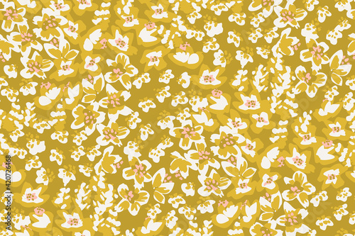 Cluster of painted flowers in a color palette of Fortuna gold, yellow, white, pink. Dense color block floral seamless vector pattern. Great for home décor, fabric, wallpaper, gift-wrap, stationery etc