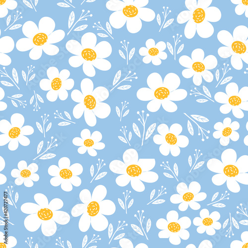 Seamless pattern with daisy flower on blue background vector illustration.