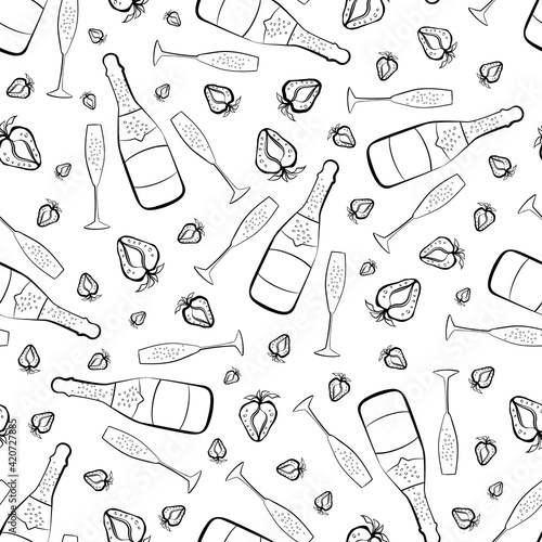 Champagne and strawberry celebration vector seamless pattern background. Monochrome backdrop with fizz, champagne flutes,bottles, strawberries fruit. Retro line art party and occasions concept repeat