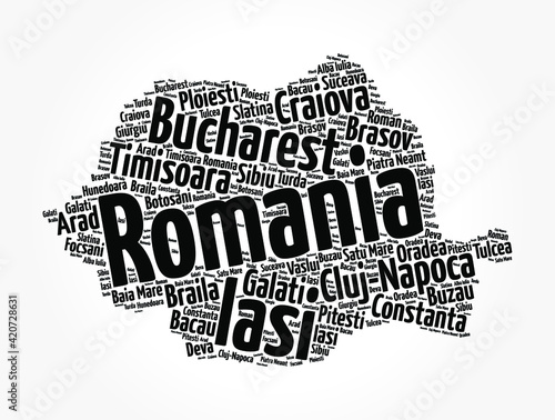 List of cities and towns in Romania, map word cloud collage, business and travel concept background