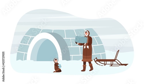 Eskimo family of boy, father are building ingloo.
