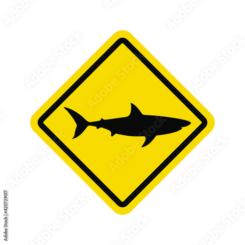 Warning graphic sign caution sharks. Yellow square with black silhouette shark isolated symbol on white background. Vector illustration