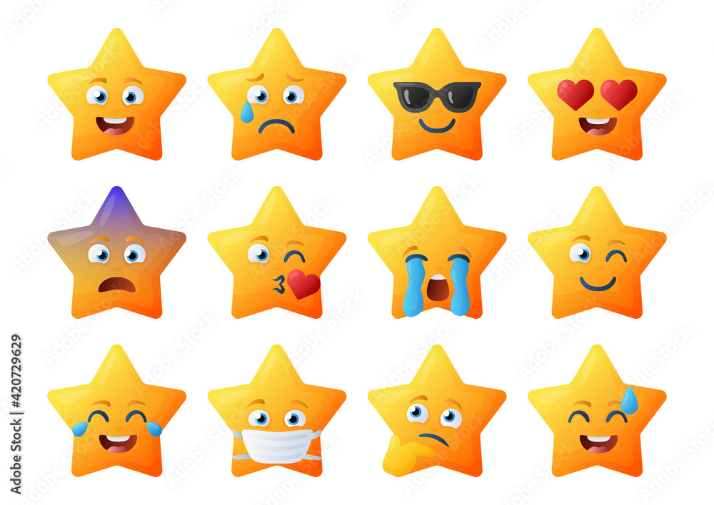 Stars emoji pack icons for apps. Bundle of bright star emoji with simle gradient. Stock Vector