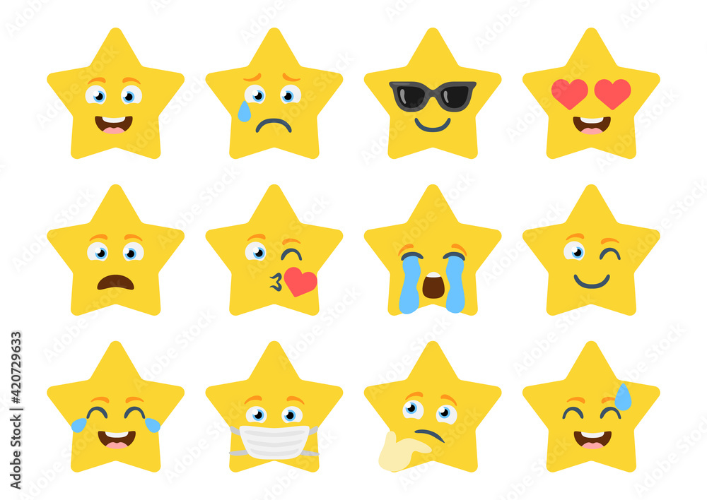 Stars emoji pack icons for apps. Bundle of bright star emoji in flat