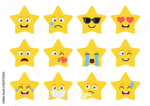Stars emoji pack icons for apps. Bundle of bright star emoji in flat style.