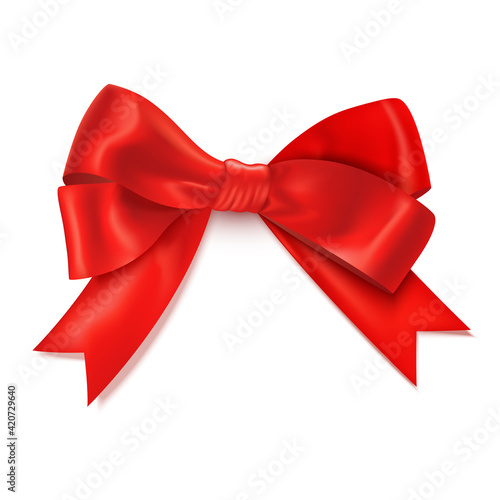 Realistic red bow on white background.