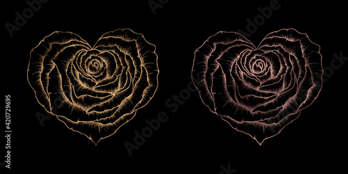 Glamorous rose heart with gold and gold pink foil texture isolated on black, hand drawn blooming heart great for glamorous designs, weddings, Valentine's day, fancy love concept