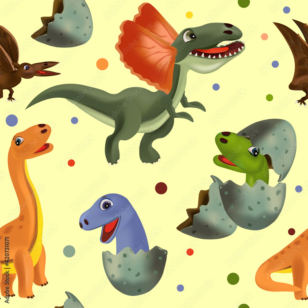 Funny dinosaurs and Pterodactyl hatching from an egg. Vector seamless with Dinosaur and eggs for your design textile, wallpapers, fabric, posters. Vector illustration. Funny dinosaurs and Pterodactyl hatching from an egg. Vector seamless with Dinosaur and eggs for your design textile, wallpapers, fabric, posters. Vector illustration.
