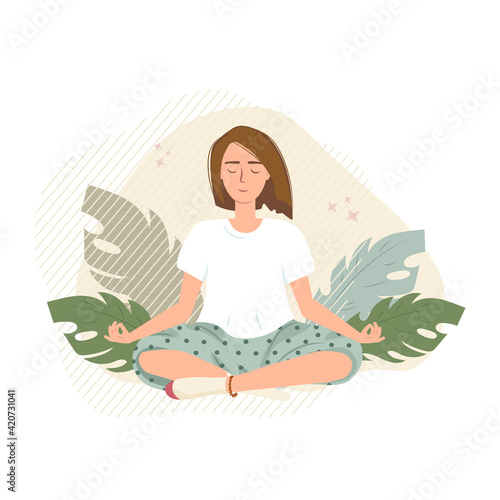 Calm confident young woman sits with cross-legged on the floor and meditates flat vector illustration. Girl makes morning yoga, breathing exercises, relax at home. Body positive, health care concept.