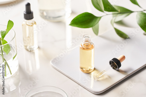 Essential oils and green plants on table photo