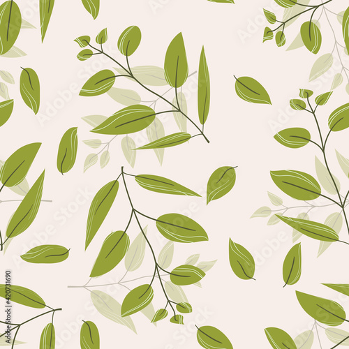 Floral seamless with hand drawn color leaves. Cute autumn background. Tropic green branches. Modern floral compositions. Fashion vector stock illustration for wallpaper, posters, fabric, textile