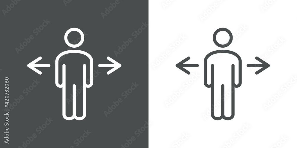 Símbolo decisión. Icono plano lineal hombre con flechas con lineas en fondo gris y fondo blanco Símbolo decisión. Icono plano lineal hombre con flechas con lineas en fondo gris y fondo blanco