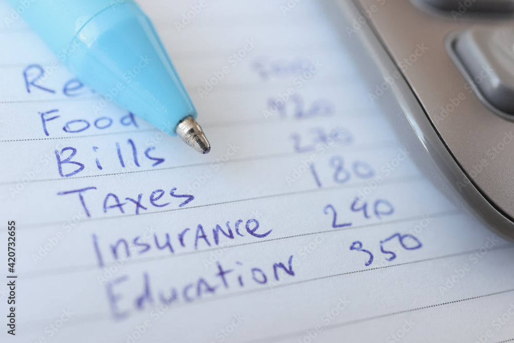 Ballpoint pen lying on expense list closeup Ballpoint pen lying on expense list closeup