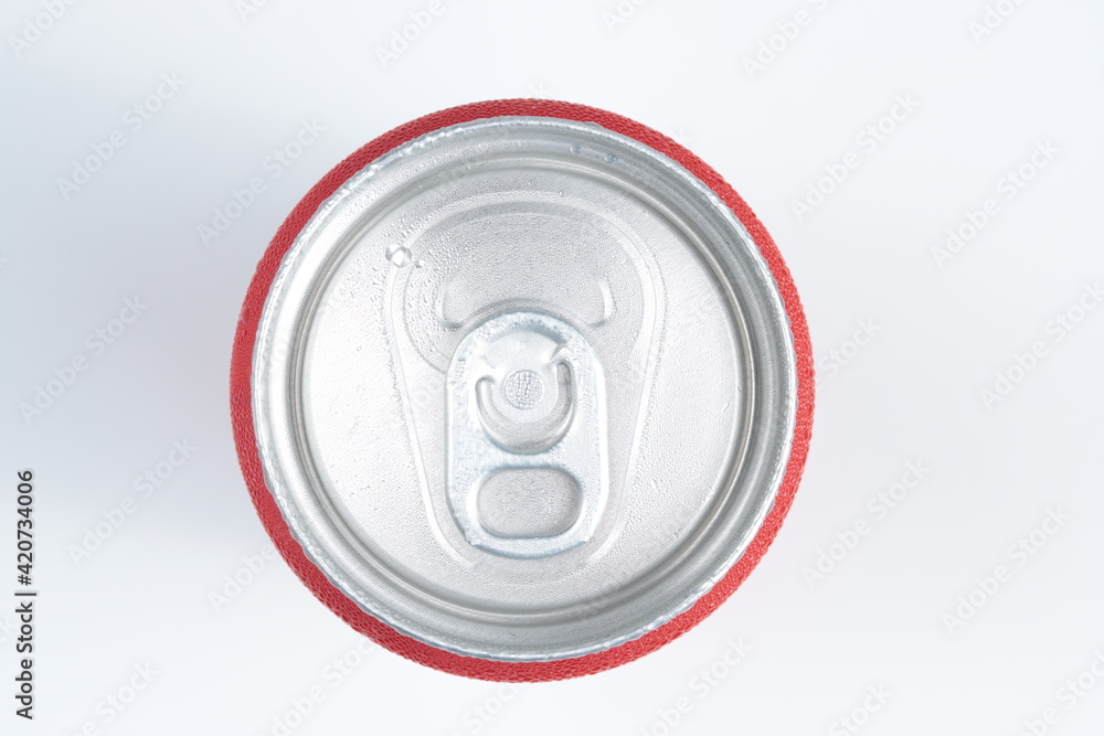 top view of cold red aluminum can, drinks, soda or beverage isolated in white background top view of cold red aluminum can, drinks, soda or beverage isolated in white background