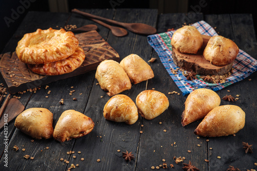 Variety of uzbek national baked samsa pies with different fillings