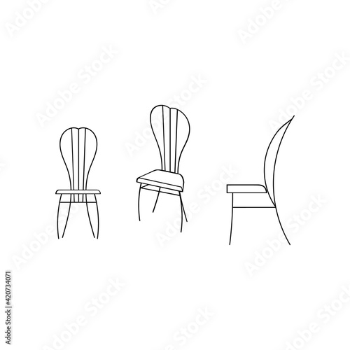 A black and white jpeg illustration of 3 chairs in different positions isolated on white background. Design elements for projects and interior plans, prints.