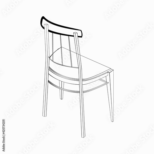 A black and white vector 3d illustration of a turned classic chair isolated on white background. Design elements for projects and interior plans, prints.