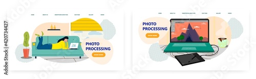 Photo processing landing page design, website banner vector template set. Digital photo retouching, editing service.