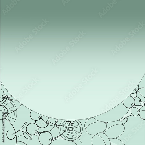 A vector illustration of fruits concentrated in the bottom part of the image on green gradient background. A design element for prints, backgrounds for adults and kids.