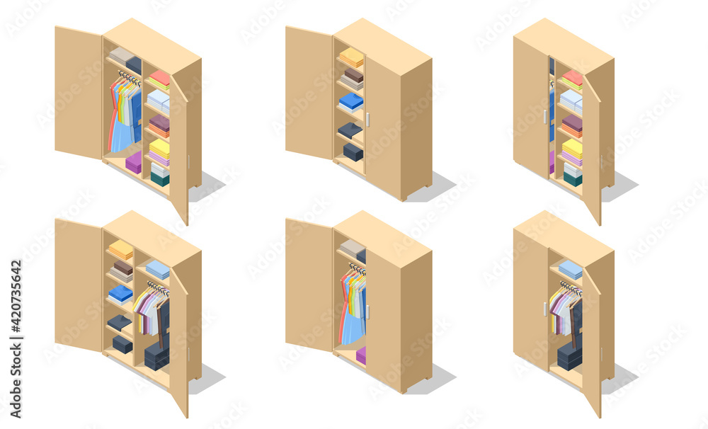 Isometric set icons of large wardrobes closets with clothes and home stuff. Big wardrobe with different clothes and accessories. Isometric set icons of large wardrobes closets with clothes and home stuff. Big wardrobe with different clothes and accessories.