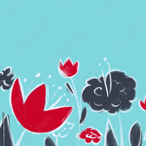 Flowers close-up floral background cyan color. Abstract tulips  peonies  meadow flowers landscape banner  poster  print. Botanical illustration with white outlines. Digital art oil brush.