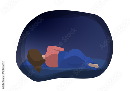 Depressed woman is lying on bed. Flat style vector illustration of mood disorders for psychological and health articles, banners and posters.