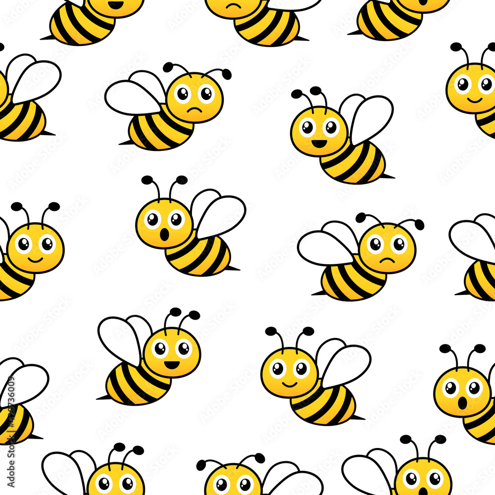Seamless pattern with flying bees. Vector cartoon black and yellow bees isolated on white background.